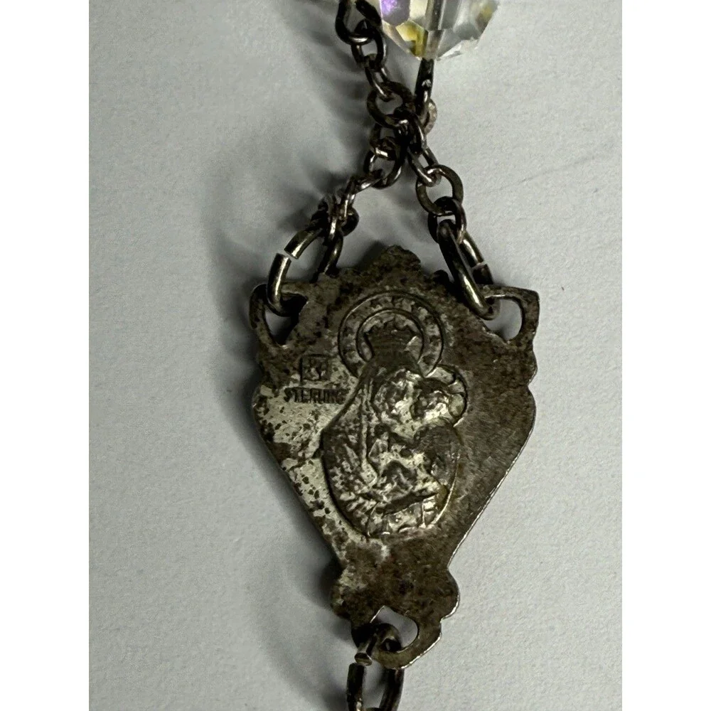 Vintage Sterling Silver AB Crystal Catholic Rosary Italy Crucifix Marian Medal